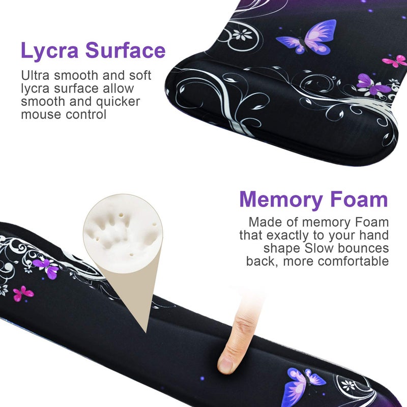 iVeze Mouse Pad with Wrist Support and Keyboard Wrist Rest Pad Set,Ergonomic Mouse Pads for Computers Laptop,Non-Slip Comfortable Mousepad w/Raised Memory Foam for Easy Typing Pain Relief (Purple Butterfly) - Image 4